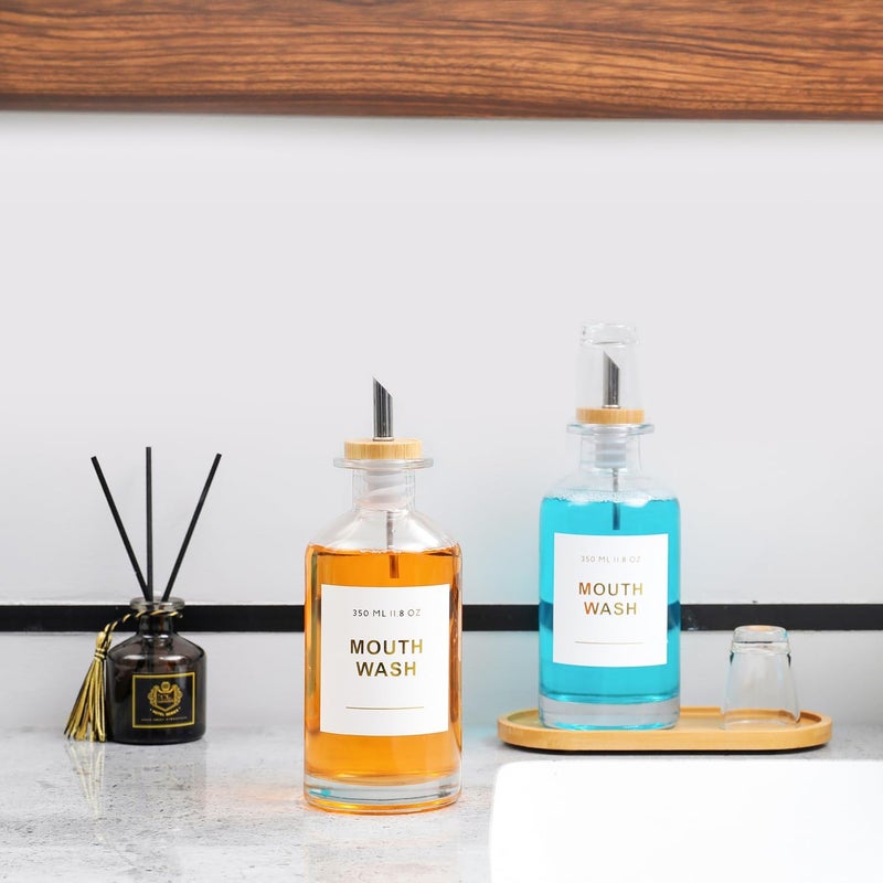 BONLONG 11.8OZ Glass Mouthwash Dispenser for Bathroom with Stainless Steel & Bamboo Nozzle, Mouthwash Cup Reusable, Bamboo Tray, and Elegant Gold Sticker.Set of 2（Clear - Image 4